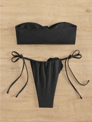 3D Floral Patch Black Strapless Bathing Suit Custom