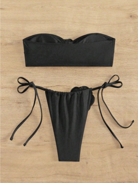 3D Floral Patch Black Strapless Bathing Suit Custom