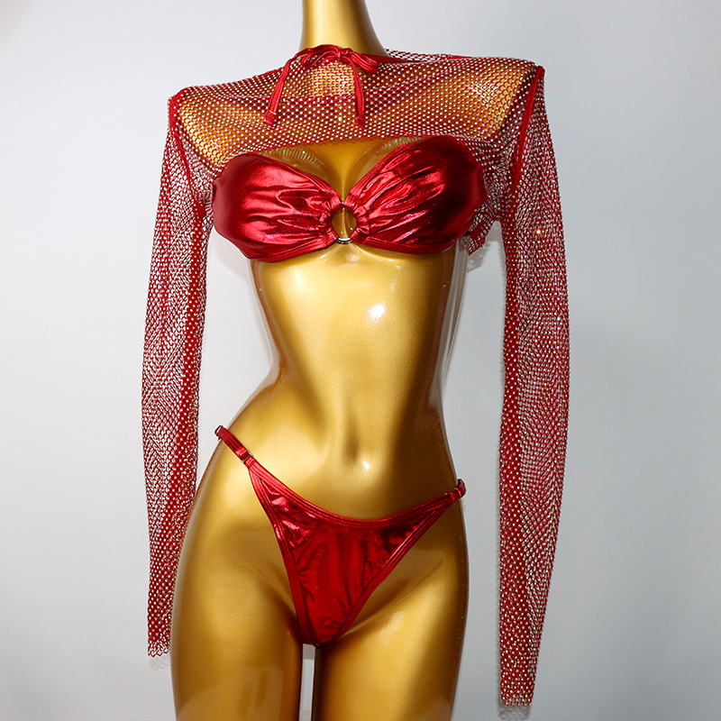 Shiny Red Metallic Bandeau Bathing Suit Wholesale