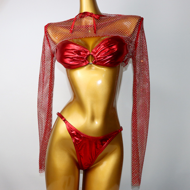 Shiny Red Metallic Bandeau Bathing Suit Wholesale