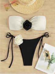 3D Flower White & Black Strapless Bikini Swimwear Factory