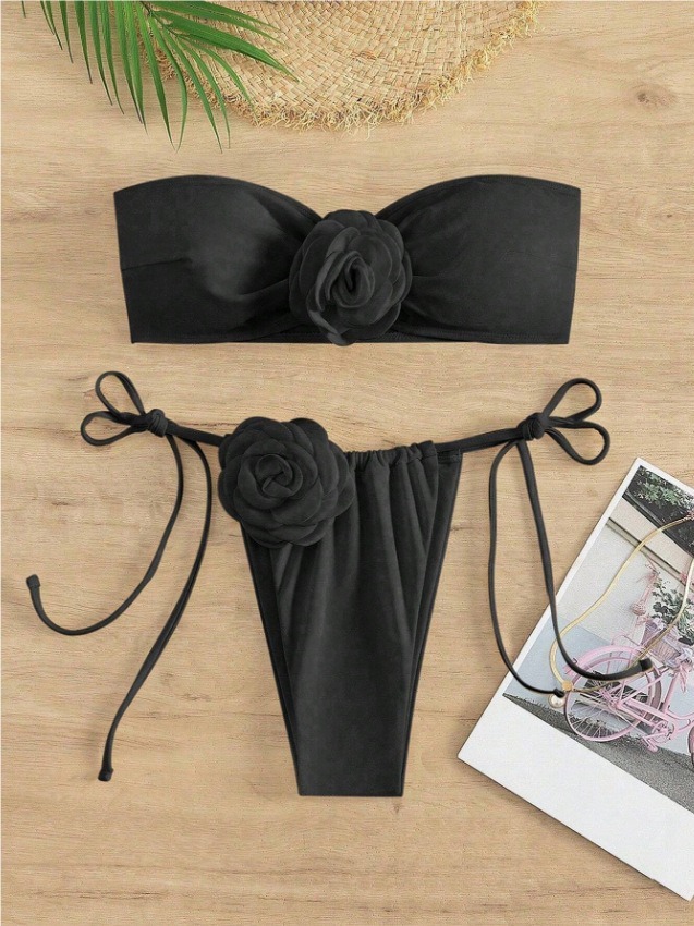 3D Floral Patch Black Strapless Bathing Suit Custom