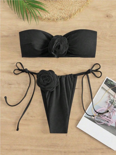 3D Floral Patch Black Strapless Bathing Suit Custom