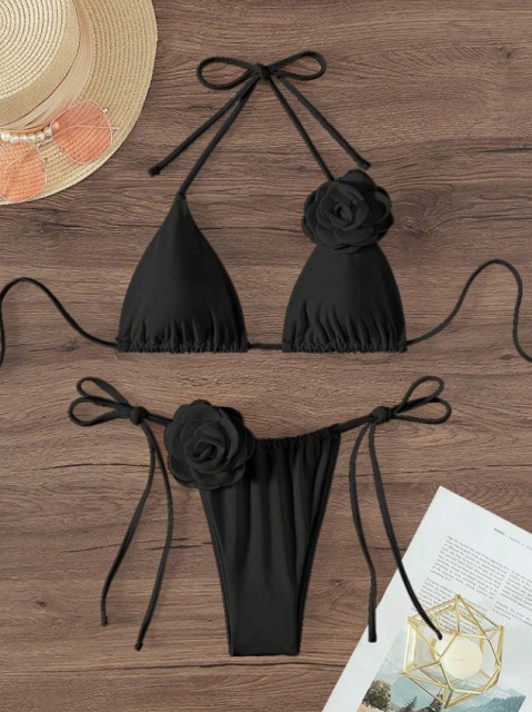 3D Flower Black Triangle Bathing Suit Wholesale