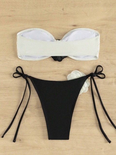 3D Flower White & Black Strapless Bikini Swimwear Factory