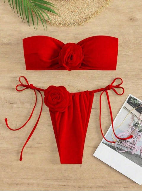 3D Flower Patch Red Bandeau Bikini Set Supplier