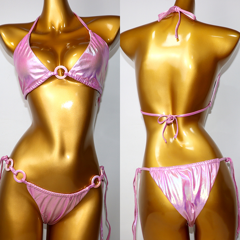 Glitter Pink Metallic Triangle Bikini Set Custom