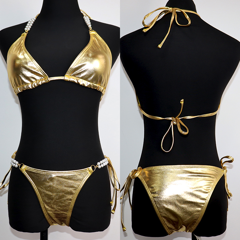 Shiny Pearl Chain Gold Metallic Padded Triangle Bikini Exporter