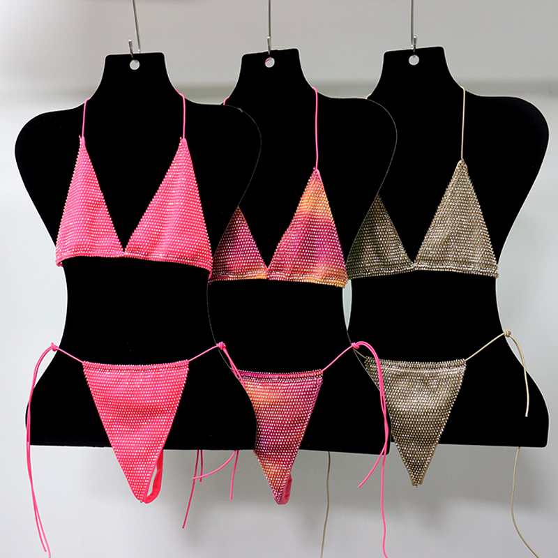 Bedazzled Gold Plastic Net Two Pieces Bikini with Rhinestone Wholesale
