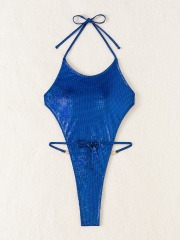 Glitter Metallic One Pieces Thong Swimsuit with Chain Custom