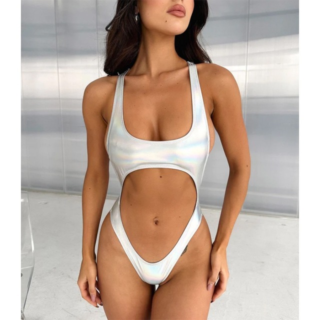Beauty Back Hollow Out Silver Metallic Swimsuit Factory