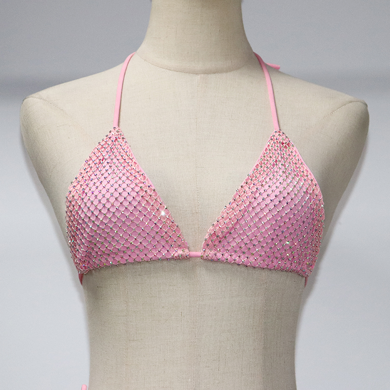 Shiny Pink Crystal Net Triangle Bathing Suit Wholesale