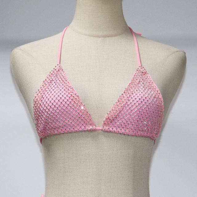 Shiny Pink Crystal Net Triangle Bathing Suit Wholesale