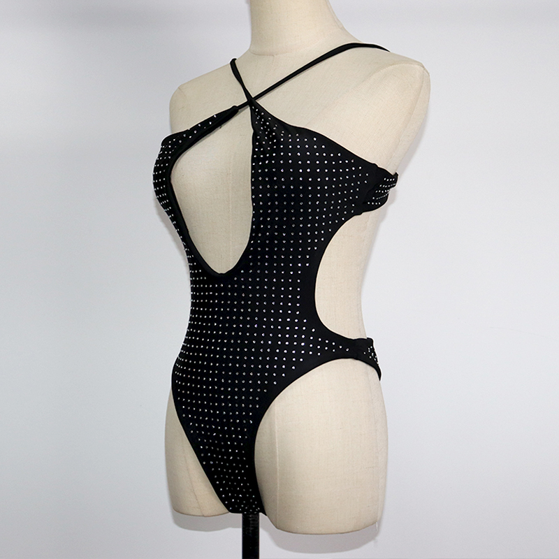 Bling Black Hollow Out Rhinestone Bodysuit Wholesale