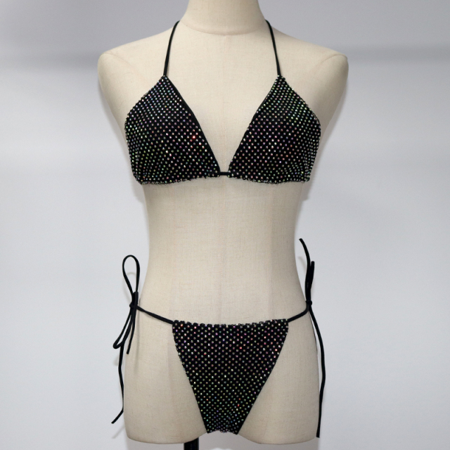 Shiny Pink Crystal Net Triangle Bathing Suit Wholesale