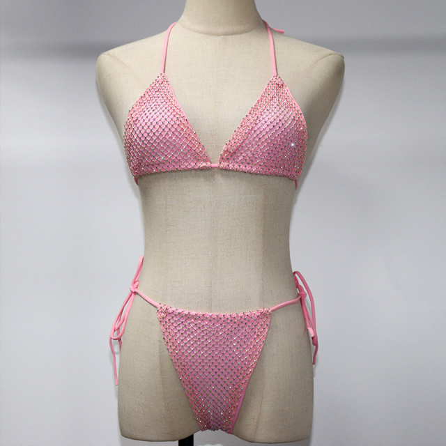 Shiny Pink Crystal Net Triangle Bathing Suit Wholesale