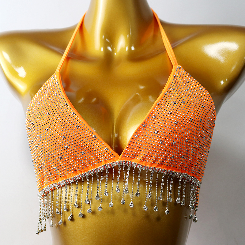 Shiny Tassel Pendant Orange Crystal Bikini Top Factory
