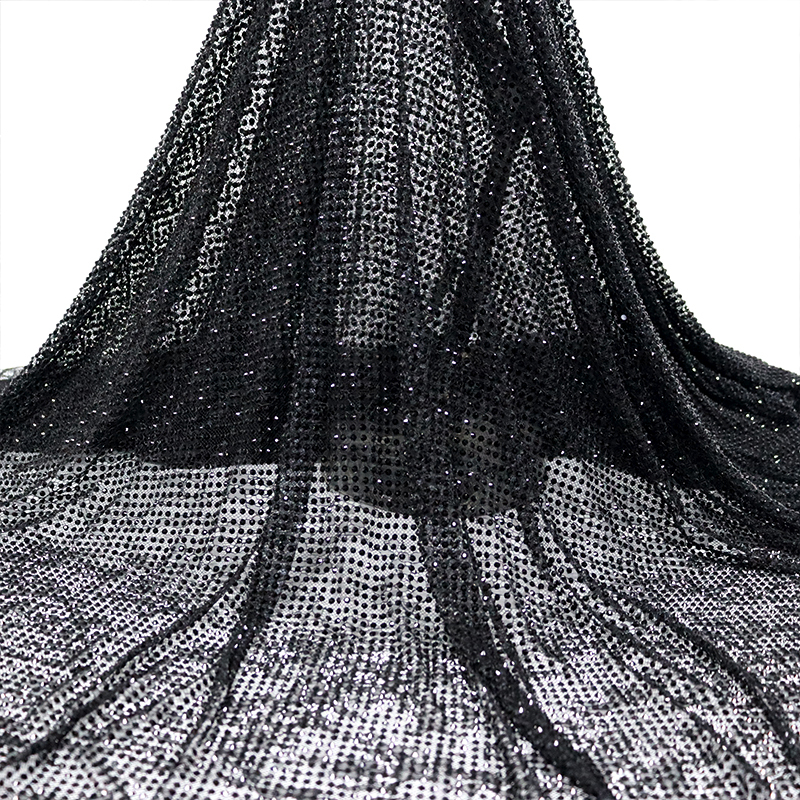 SS16 Black Rhinestone Lace Fabric Manufacturer
