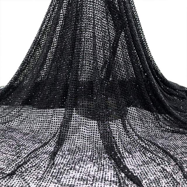 SS16 Black Rhinestone Lace Fabric Manufacturer