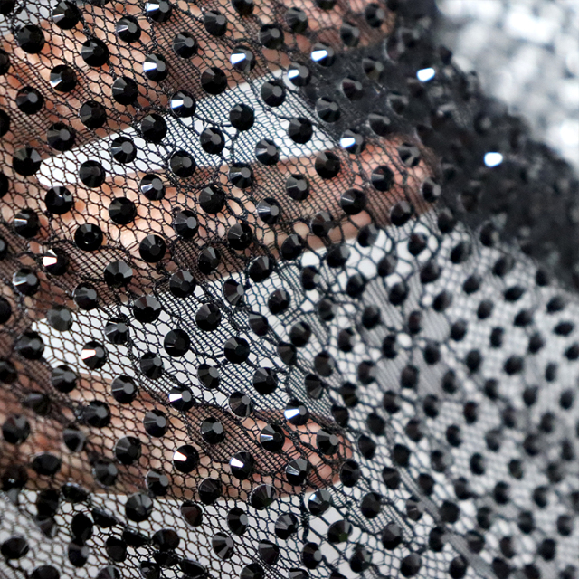 SS16 Black Rhinestone Lace Fabric Manufacturer