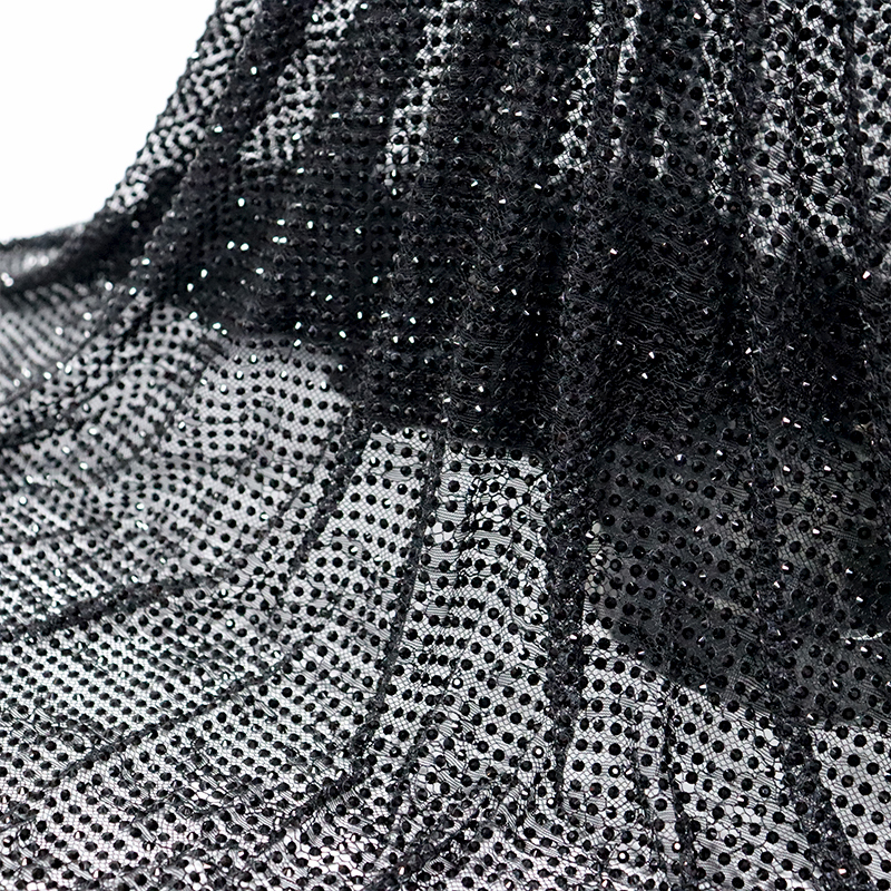 SS16 Black Rhinestone Lace Fabric Manufacturer