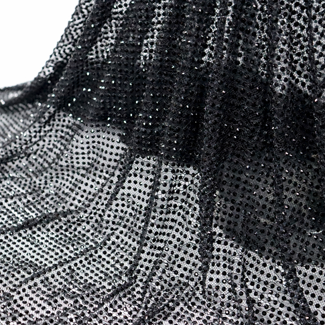 SS16 Black Rhinestone Lace Fabric Manufacturer