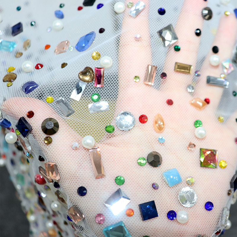 Multi Shaped Colorful Pearl Beaded Crystal Tulle Fabric Supplier