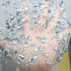 Multi Shaped Pearl Beaded Crystal White Tulle Mesh Fabric Exporter