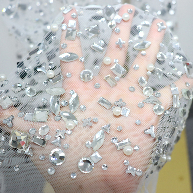 Multi Shaped Pearl Beaded Crystal White Tulle Mesh Fabric Exporter