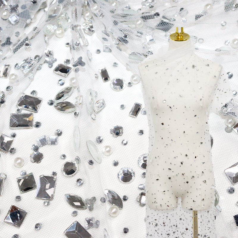 Multi Shaped Pearl Beaded Crystal White Tulle Mesh Fabric Exporter