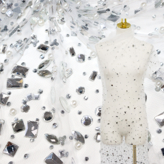 Multi Shaped Pearl Beaded Crystal White Tulle Mesh Fabric Exporter