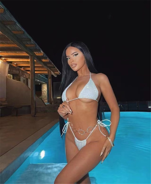 Shiny Pink Crystal Net Triangle Bathing Suit Wholesale