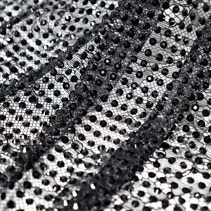 SS16 Black Rhinestone Lace Fabric Manufacturer
