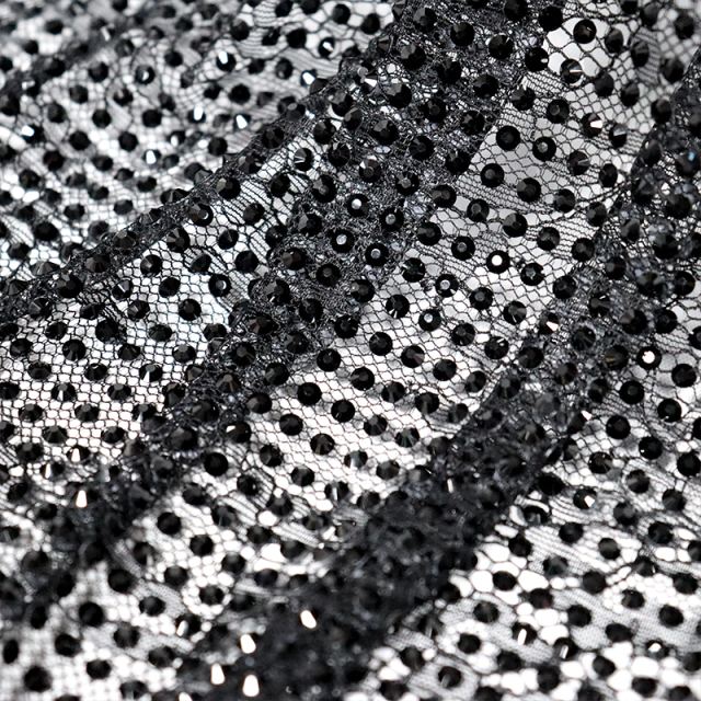 SS16 Black Rhinestone Lace Fabric Manufacturer
