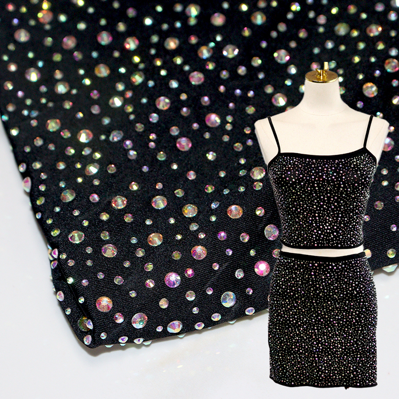 Randomly Mix 3 Different Sizes Black Rhinestone Fabric Wholesale