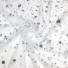 Multi Shaped Pearl Beaded Crystal White Tulle Mesh Fabric Exporter