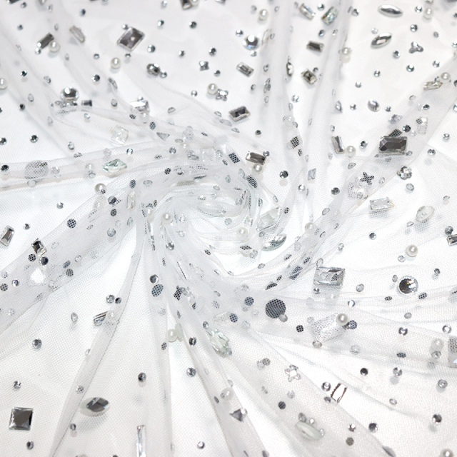Multi Shaped Pearl Beaded Crystal White Tulle Mesh Fabric Exporter