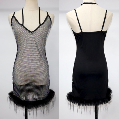 Feather Trimmed Crystal Mesh Black Mini Dress Manufacturer