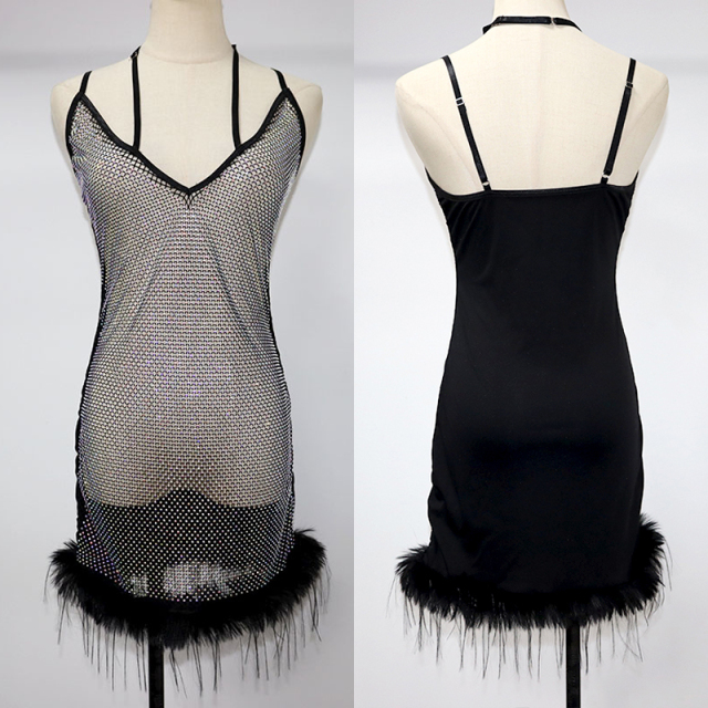 Feather Trimmed Crystal Mesh Black Mini Dress Manufacturer