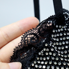 Black Lace Trim Plastic Net Rhinestone Crop Top Custom