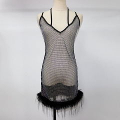 Feather Trimmed Crystal Mesh Black Mini Dress Manufacturer
