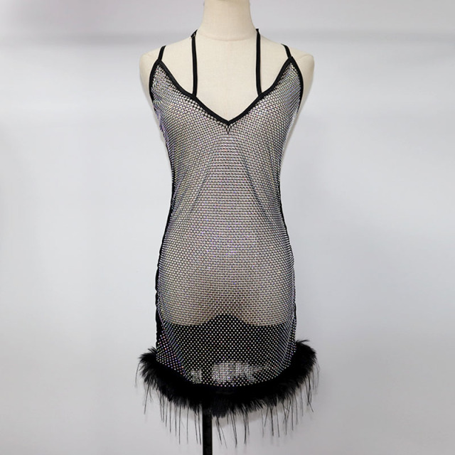 Feather Trimmed Crystal Mesh Black Mini Dress Manufacturer