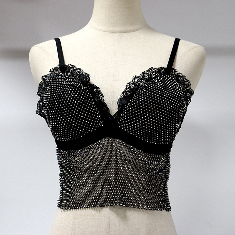 Black Lace Trim Plastic Net Rhinestone Crop Top Custom