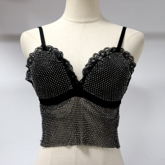 Black Lace Trim Plastic Net Rhinestone Crop Top Custom