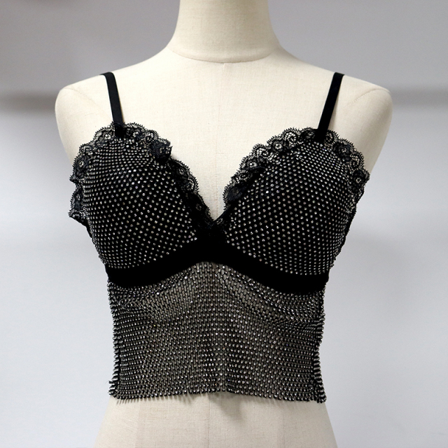 Black Lace Trim Plastic Net Rhinestone Crop Top Custom