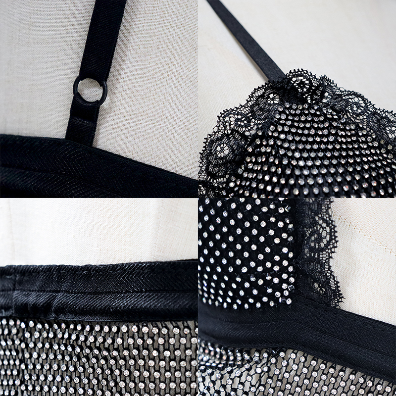 Black Lace Trim Plastic Net Rhinestone Crop Top Custom