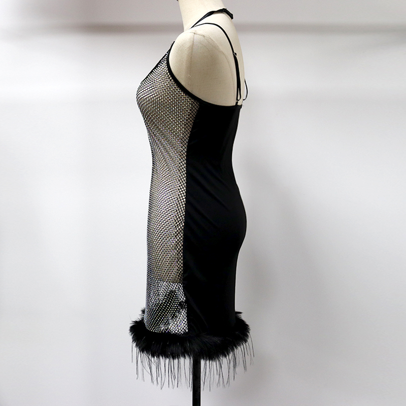 Feather Trimmed Crystal Mesh Black Mini Dress Manufacturer