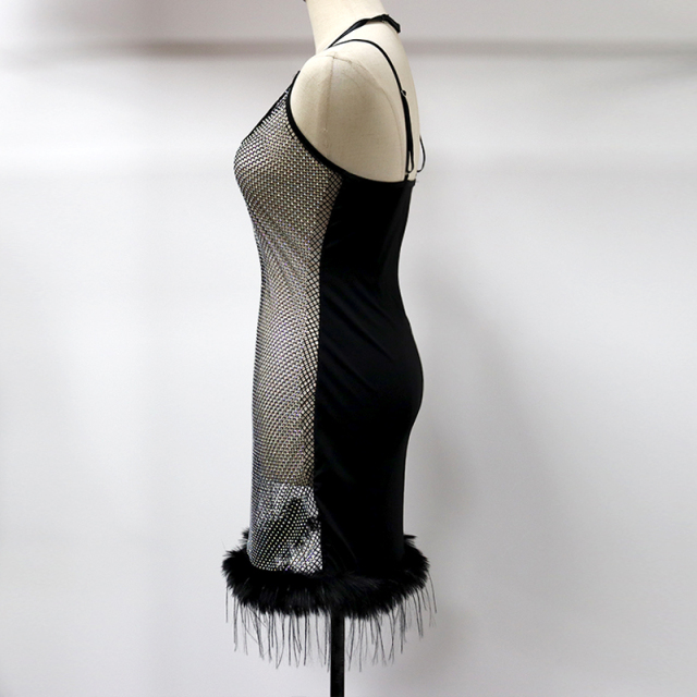 Feather Trimmed Crystal Mesh Black Mini Dress Manufacturer