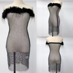 Black Feather Decor Rhinestone Mesh Strapless Dress Factory