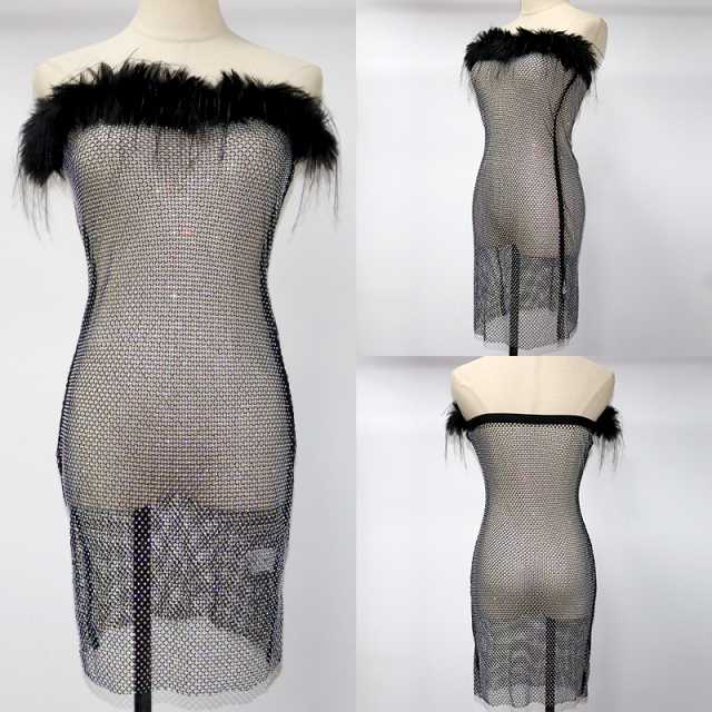 Black Feather Decor Rhinestone Mesh Strapless Dress Factory